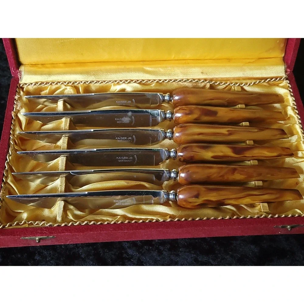Vintage Kaiser Jr Germany Knife Set 6pc Stainless Butterscotch Marbled Handles